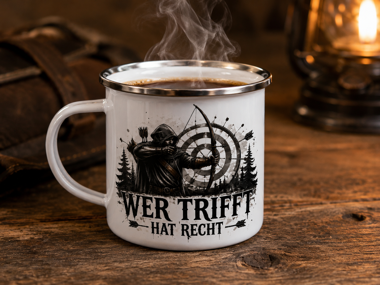 Detailaufnahme der Emaille Tasse mit hochwertigem Bogenschützen Motiv.