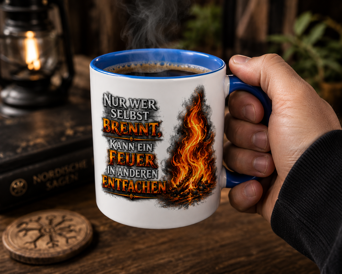 Tasse mit Spruch „Nur wer selbst brennt, kann ein Feuer in anderen entfachen“ | Motivations Tasse mit Flammenmotiv