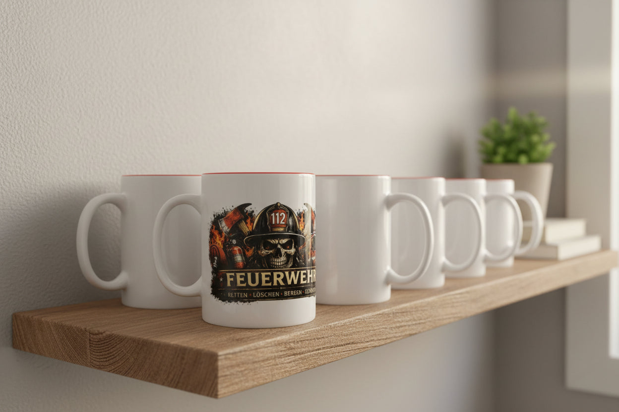 Feuerwehr Tasse als Geschenk für Feuerwehrmann mit 112 Motiv und Feuerwehrfahrzeug