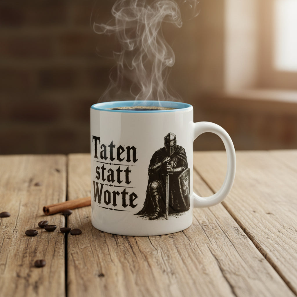 Tasse mit Spruch Taten statt Worte und Rittermotiv zwischen Natursteinen dekoriert. Geschenkidee für Männer und Mittelalterliebhaber.