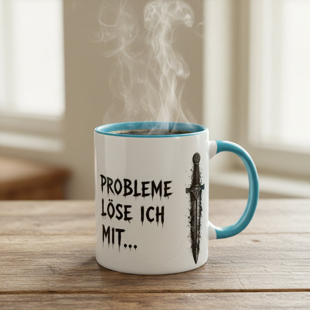Tasse mit dem Spruch „Probleme löse ich mit…“ und Schwertmotiv dekorativ zwischen Natursteinen und Lavendel. Geschenkidee für Männer und Fantasy-Fans.