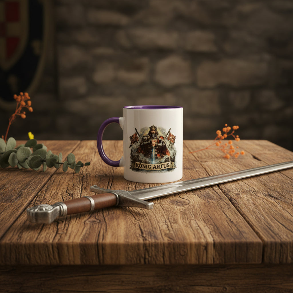 König Artus Fantasy Tasse 330 ml in mittelalterlicher Dekoration mit natürlichem Hintergrund als Geschenk für Ritter- und Fantasy-Fans.