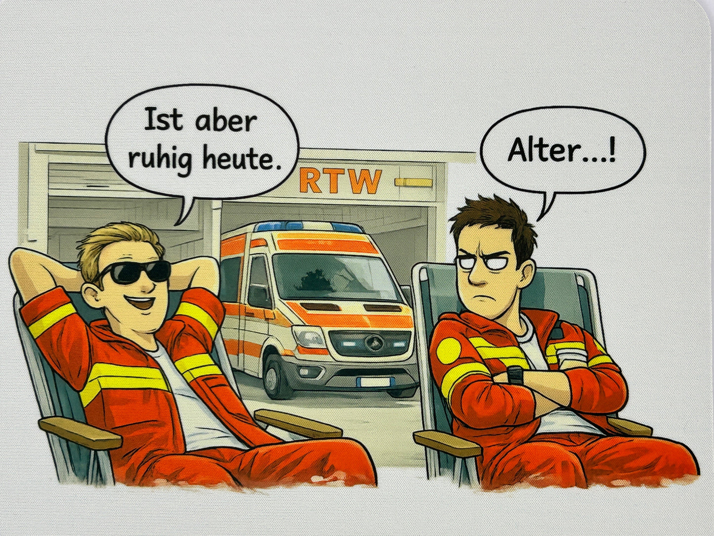 Detailaufnahme eines humorvollen Rettungsdienst-Mauspads mit RTW, Sanitätern und dem bekannten Rettungsdienst Insider-Spruch.