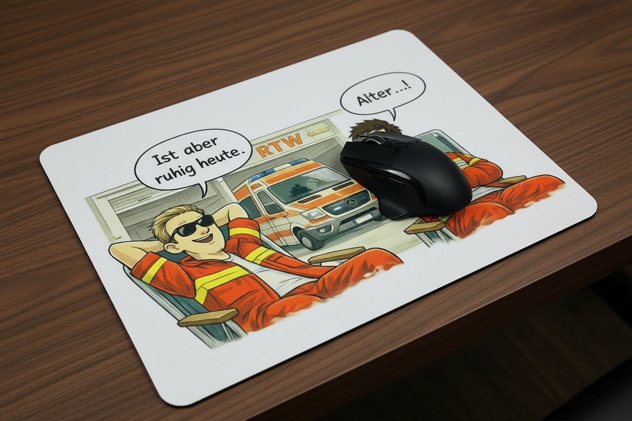 Detailaufnahme eines humorvollen Rettungsdienst-Mauspads mit RTW, Sanitätern und dem bekannten Rettungsdienst Insider-Spruch.