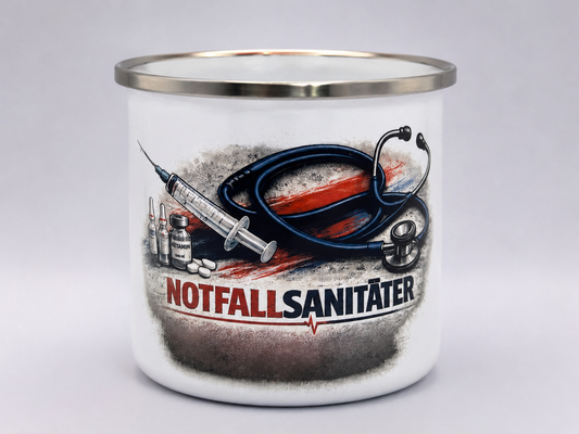 Notfallsanitäter Emaille Tasse 12 oz – Campingbecher mit Stethoskop Motiv | Silberner Rand