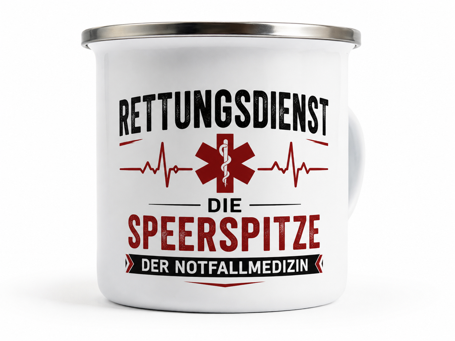 Weiße 12 oz Emaille-Tasse mit silbernem Rand und dem Schriftzug „Rettungsdienst – Die Speerspitze der Notfallmedizin“.