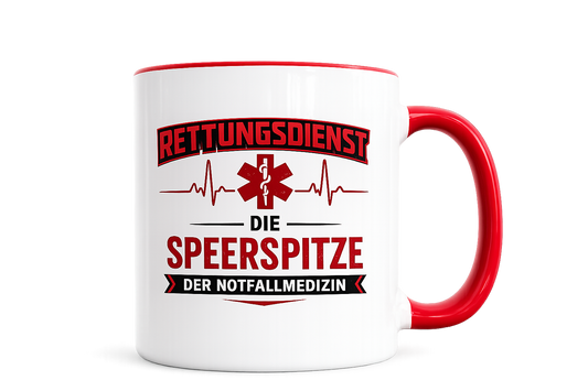 Rettungsdienst Tasse Die Speerspitze der Notfallmedizin Vorderansicht mit rotem Henkel