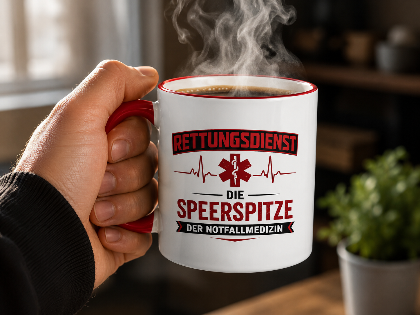 Rettungsdienst Keramiktasse mit rotem Henkel Seitenansicht