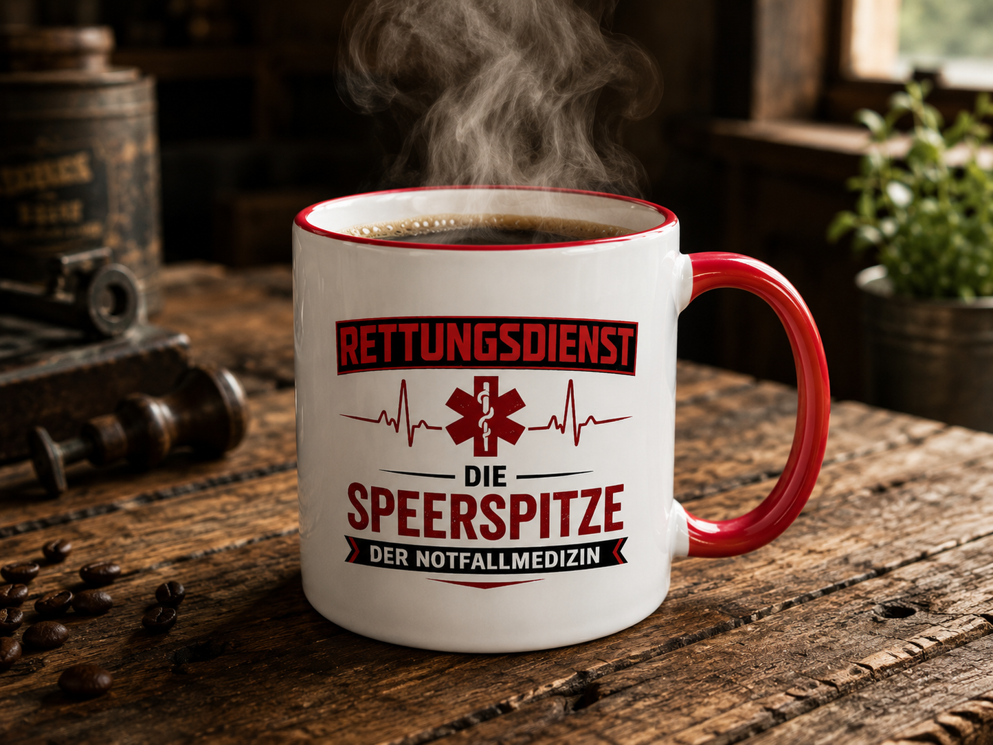 Rückseite der Rettungsdienst Tasse mit Herzschlag-Motiv und Schriftzug Rettungsdienst