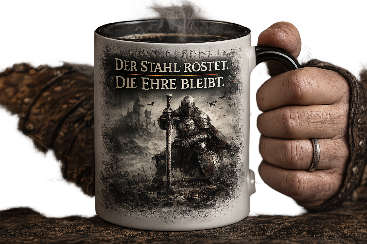 Mittelalter Keramiktasse mit dunklem Rittermotiv als Geschenk für Fantasy- und Mittelalterfans.