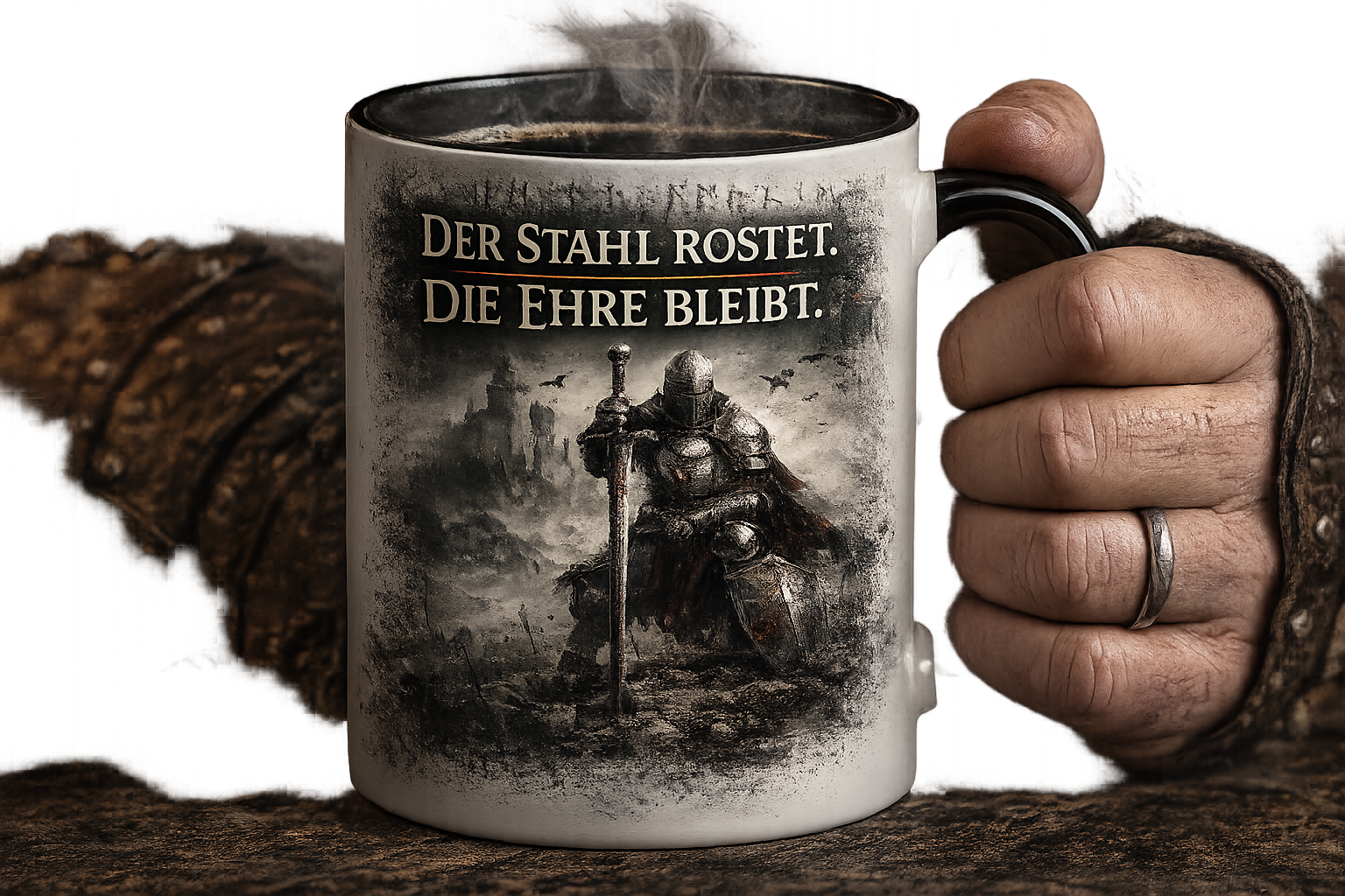 Mittelalter Keramiktasse mit dunklem Rittermotiv als Geschenk für Fantasy- und Mittelalterfans.