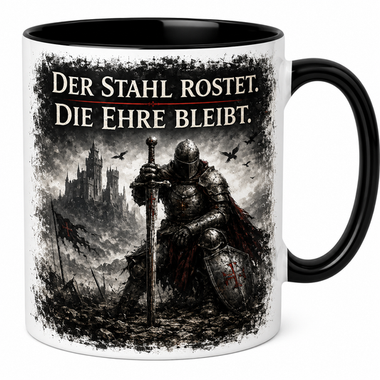 Mittelalter Tasse mit Rittermotiv und dem Spruch „Der Stahl rostet. Die Ehre bleibt.“

Bild 2