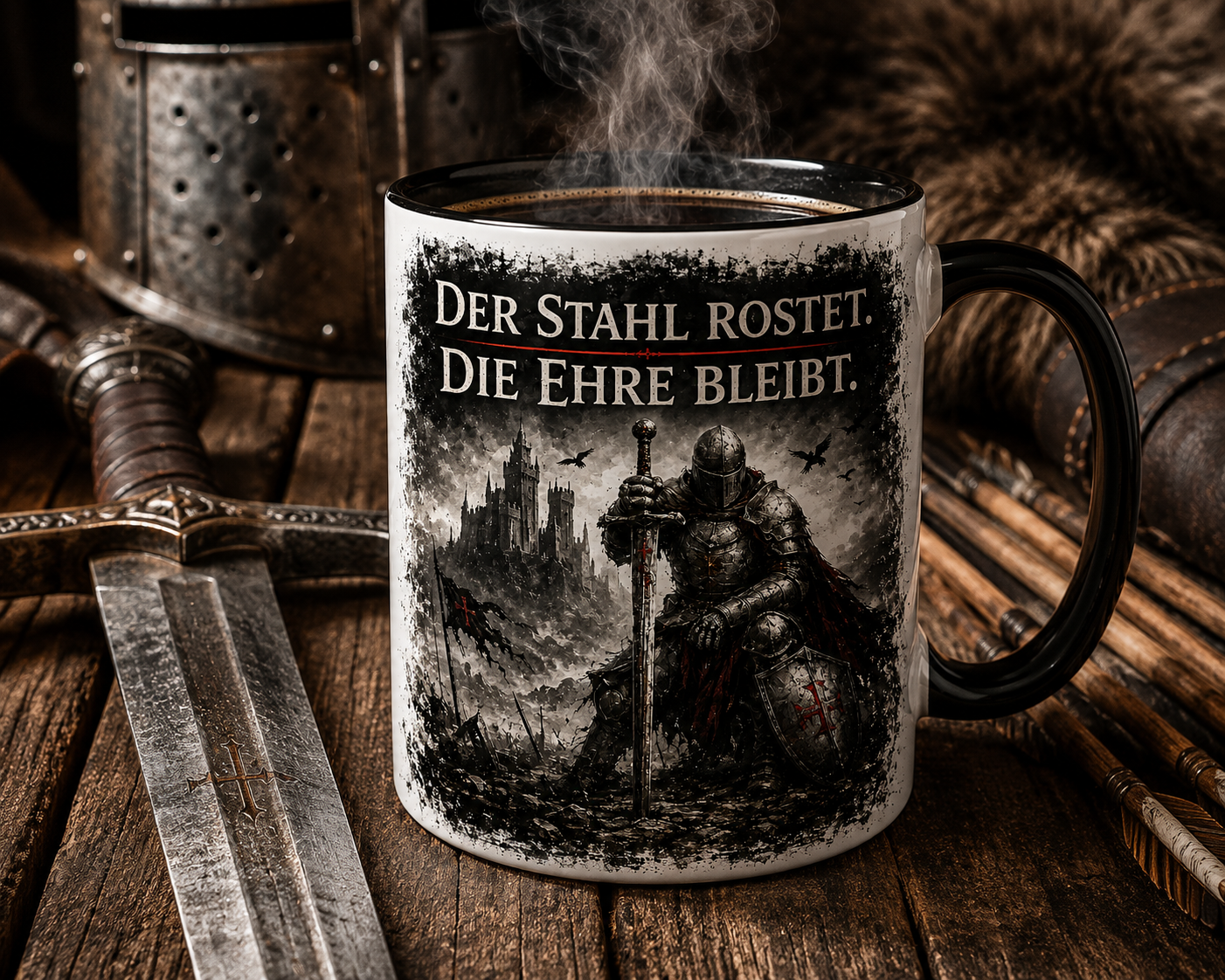 Detailaufnahme der Ritter-Tasse mit Burg, Schwert und historischem Design.