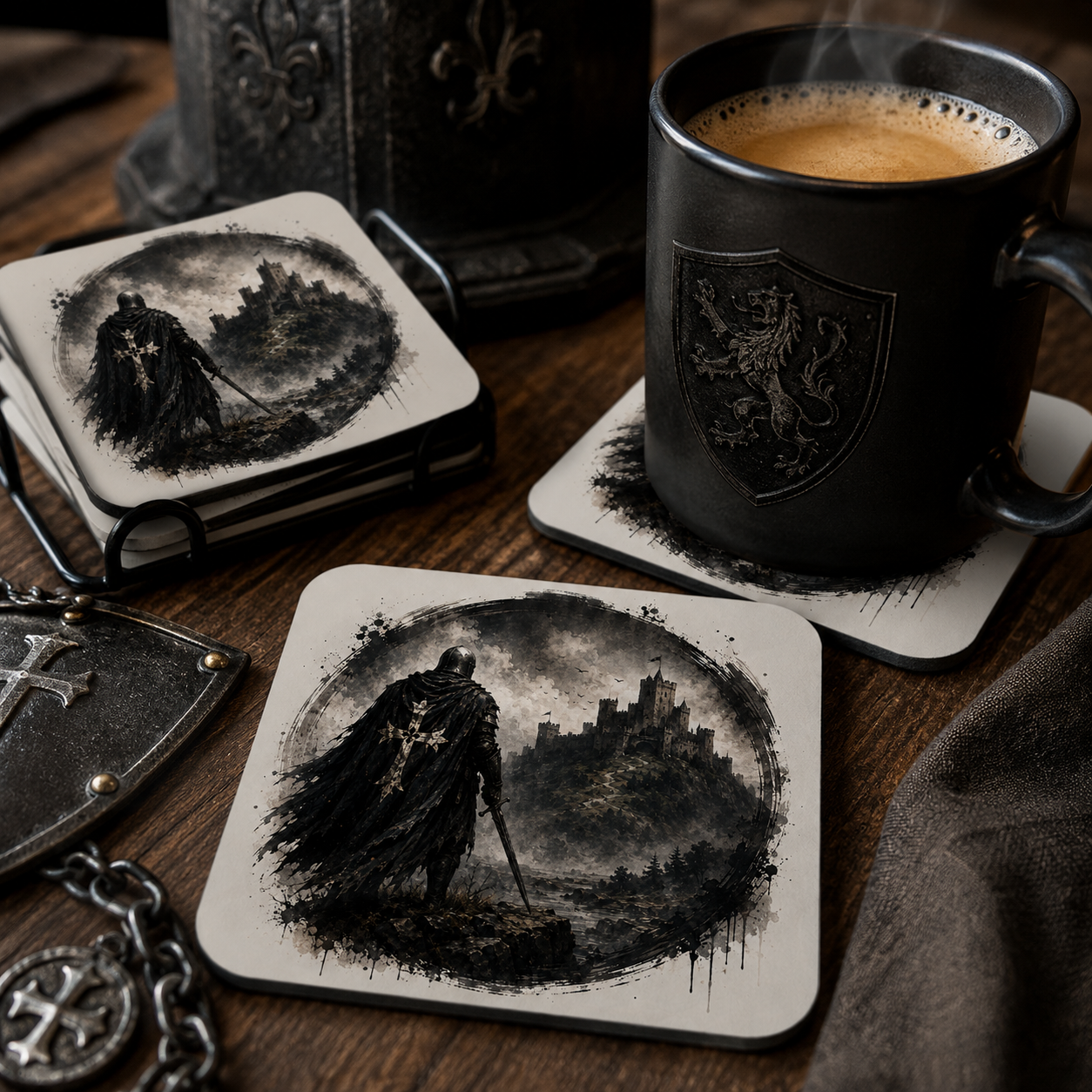 Mittelalter-Untersetzer mit Fantasy-Motiv eines Ritters auf dem Weg zur Burg.