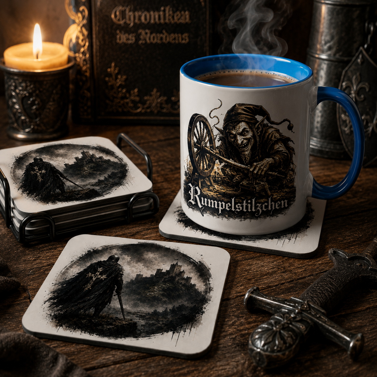 Lifestyleaufnahme eines Ritter-Untersetzers auf einem rustikalen Holztisch neben einer Kaffeetasse.