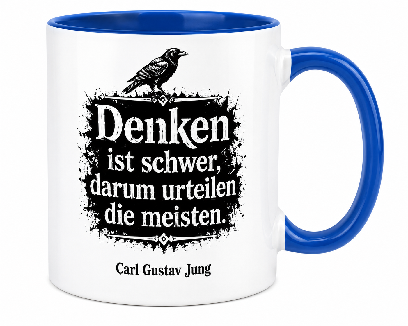 Keramiktasse mit Carl-Gustav-Jung-Zitat „Denken ist schwer, darum urteilen die meisten.“