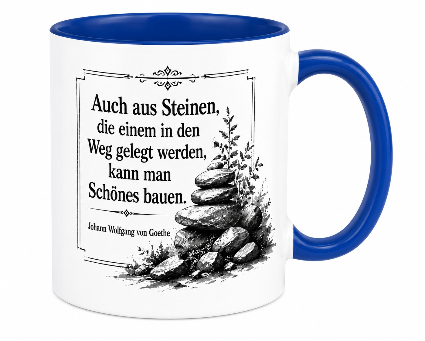 Keramiktasse mit Goethe-Zitat und Steinmotiv