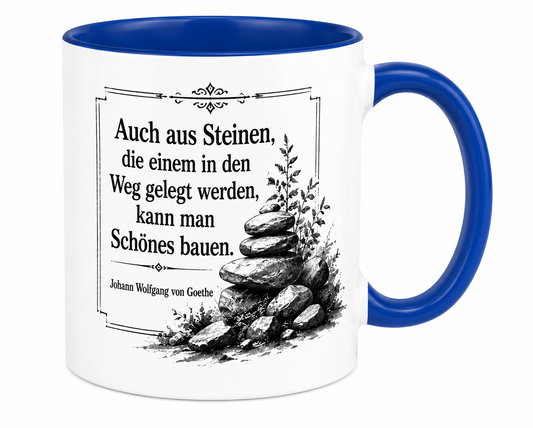 Keramiktasse mit Goethe-Zitat und Steinmotiv