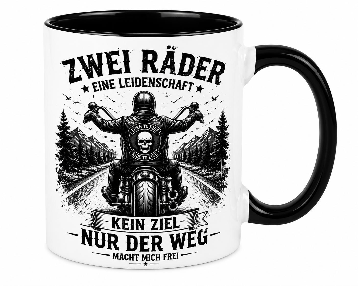 Schwarze Biker-Tasse mit Motorrad-Motiv und Spruch – hochwertiger Keramikbecher für Motorradfahrer und Chopper-Fans