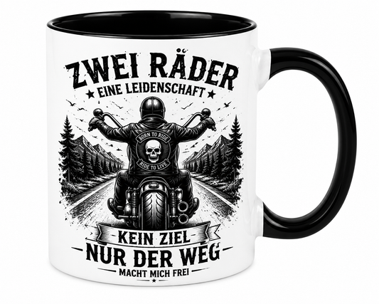 Schwarze Biker-Tasse mit Motorrad-Motiv und Spruch – hochwertiger Keramikbecher für Motorradfahrer und Chopper-Fans