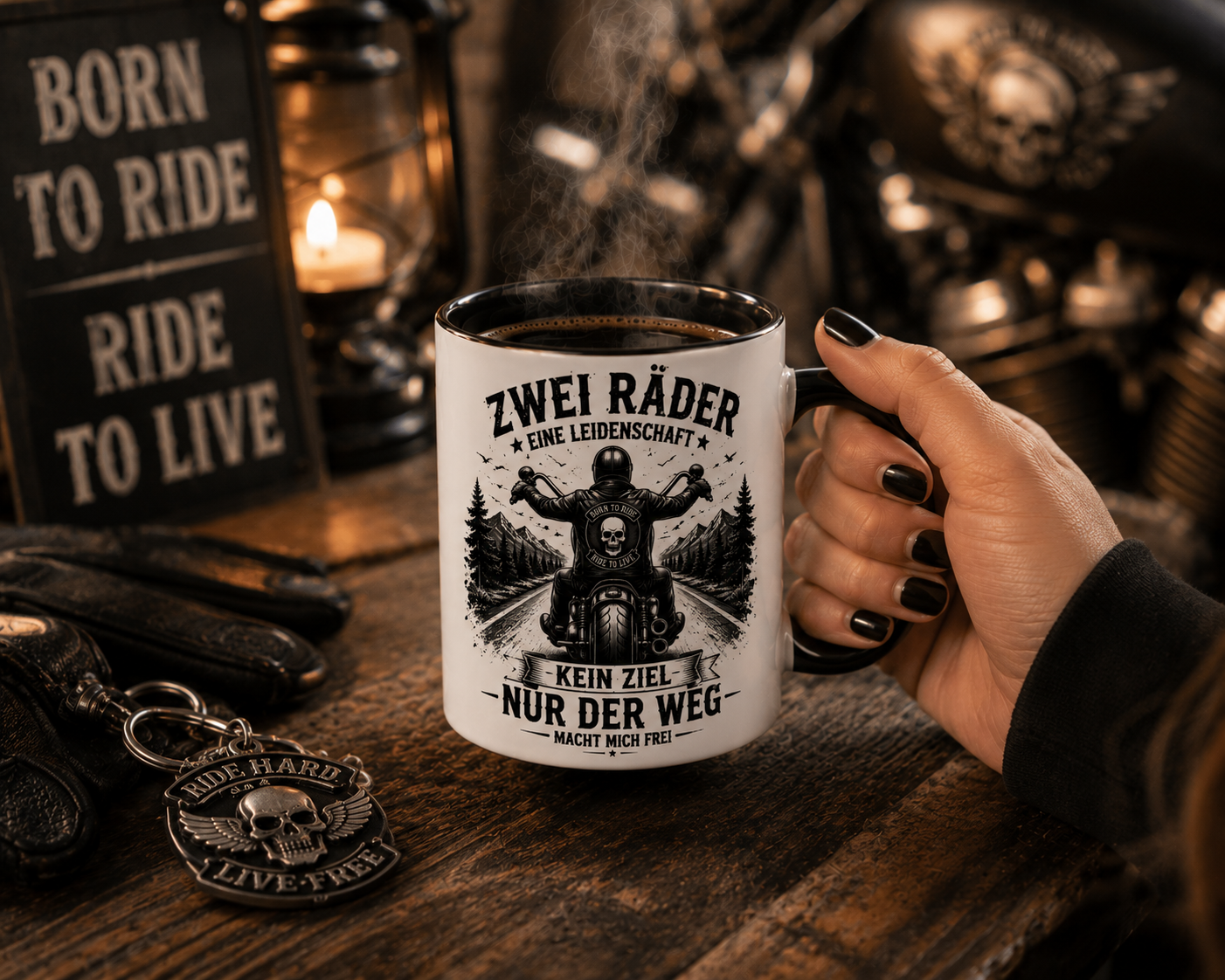 Schwarze Biker-Tasse mit Motorrad-Motiv und Spruch – hochwertiger Keramikbecher für Motorradfahrer und Chopper-Fans
