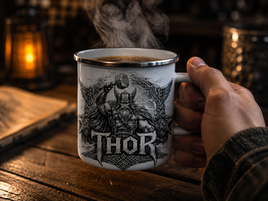 Thor Emaille Tasse 12oz – Wikinger Campingbecher mit nordischem Design | Spülmaschinenfest
