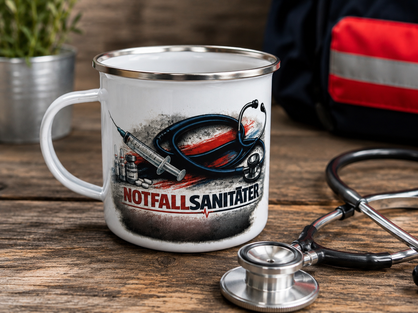 Notfallsanitäter Emaille Tasse 12 oz – Campingbecher mit Stethoskop Motiv | Silberner Rand