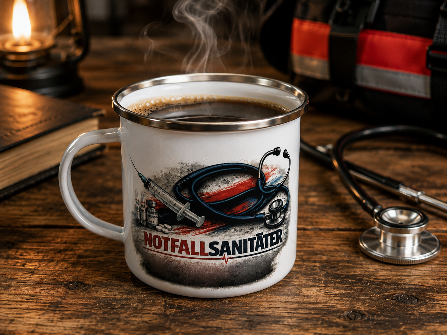 Notfallsanitäter Emaille Tasse 12 oz – Campingbecher mit Stethoskop Motiv | Silberner Rand