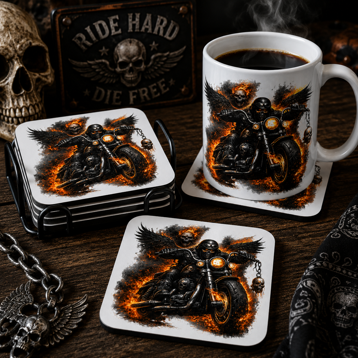 Biker Untersetzer – Skull Rider | HDF-Untersetzer 90 × 90 mm | 5er-Set | Scandi-Stil