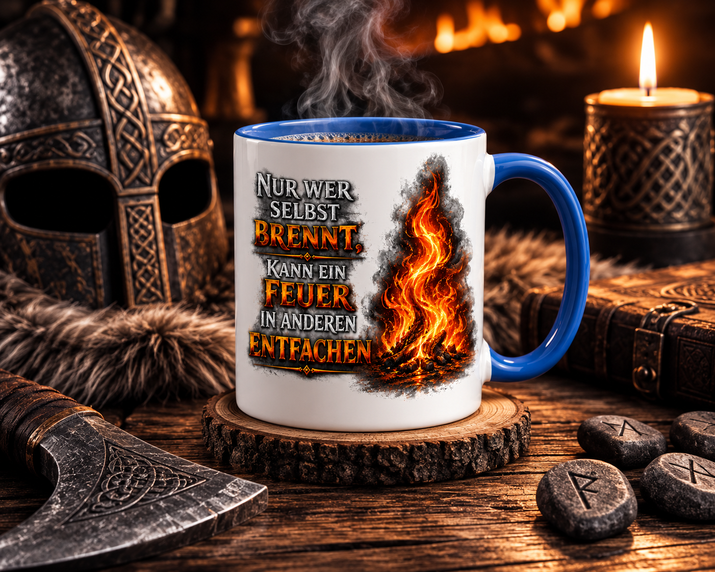 Tasse mit Spruch „Nur wer selbst brennt, kann ein Feuer in anderen entfachen“ | Motivations Tasse mit Flammenmotiv