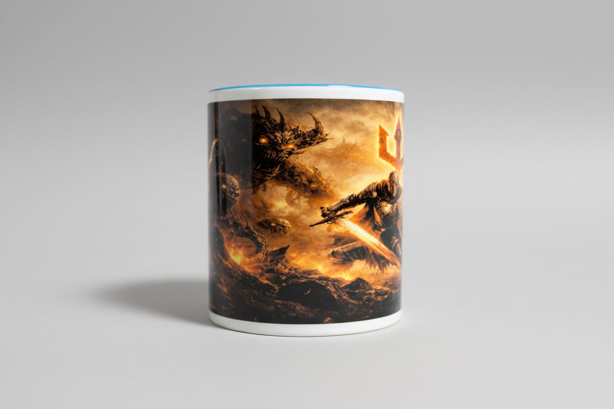 Dark Fantasy Ritter Tasse mit Monster-Motiv – Epischer Mittelalter Keramikbecher 330 ml