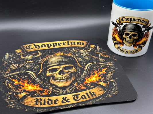Chopperium Set – Tasse 330 ml & Mauspad 23,5x20 cm | Biker Skull Design exklusiv