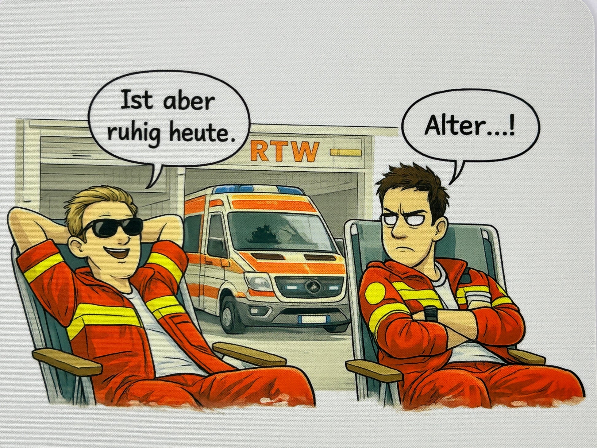 Detailaufnahme eines humorvollen Rettungsdienst-Mauspads mit RTW, Sanitätern und dem bekannten Rettungsdienst Insider-Spruch.