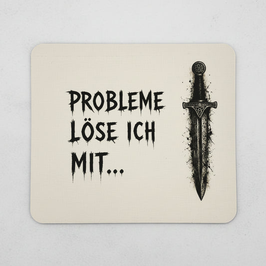 Mauspad mit dem Spruch „Probleme löse ich mit…“ und einem detailreichen Schwertmotiv im Wikinger- und Fantasy-Stil.