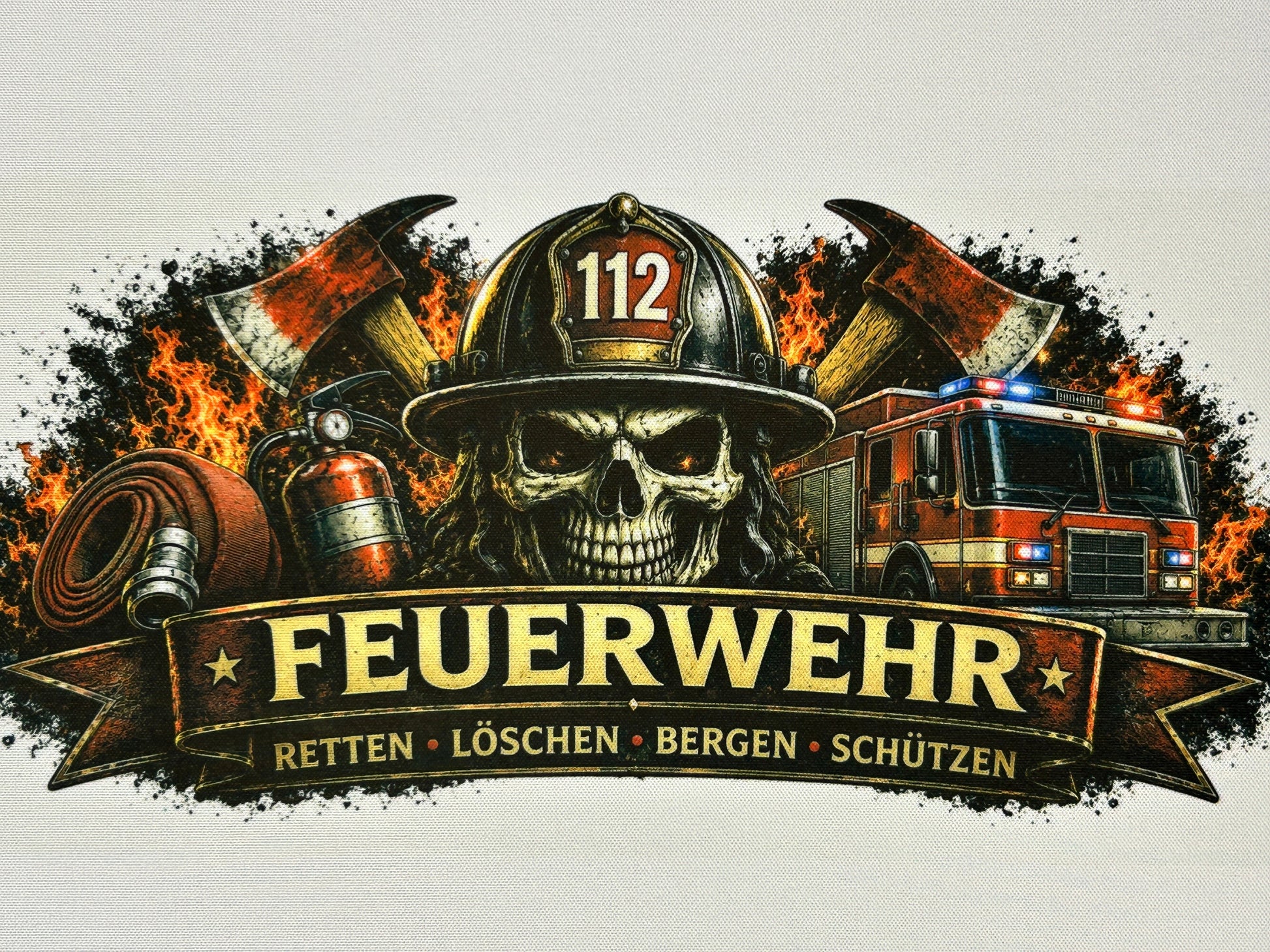 Detailaufnahme eines Feuerwehr-Mauspads mit Feuerwehrhelm, Notrufnummer 112, Feuerwehrausrüstung und Löschfahrzeug im Flammen-Design.