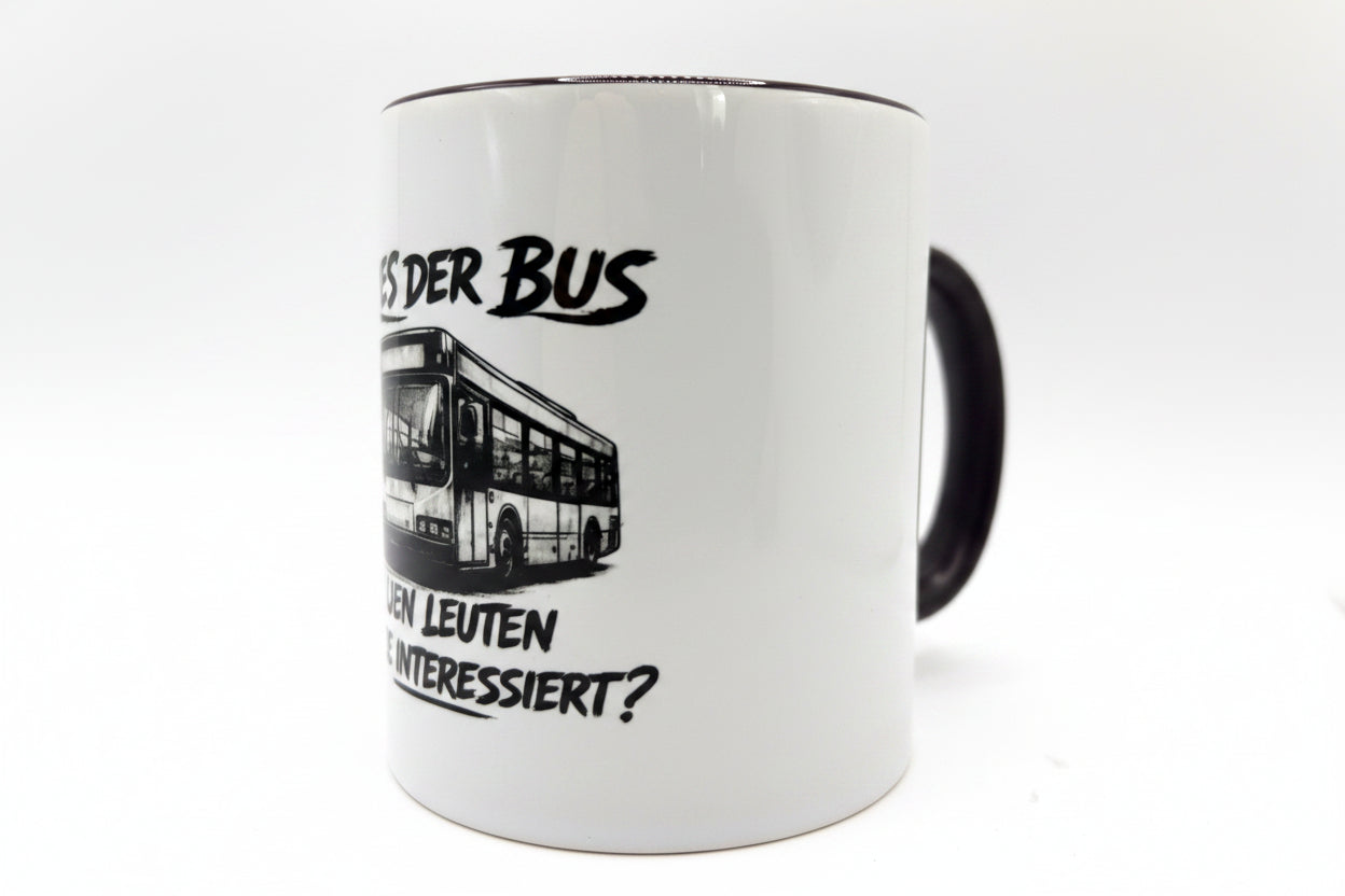 Seitenansicht der lustigen Bus Spruch Tasse mit farbigem Henkel