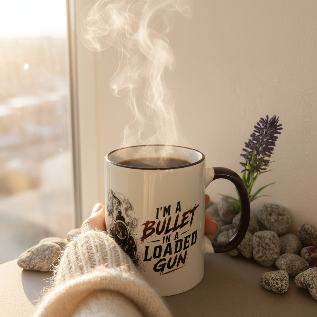 Rock und Metal Kaffeetasse mit Revolver Motiv und Spruch I'm A Bullet In A Loaded Gun