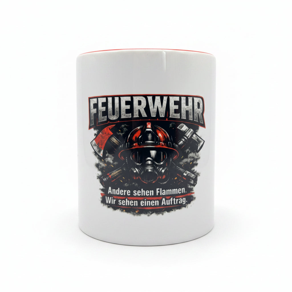 Feuerwehr Tasse mit Feuerwehrhelm Atemschutzmaske und Feuerwehr Spruch