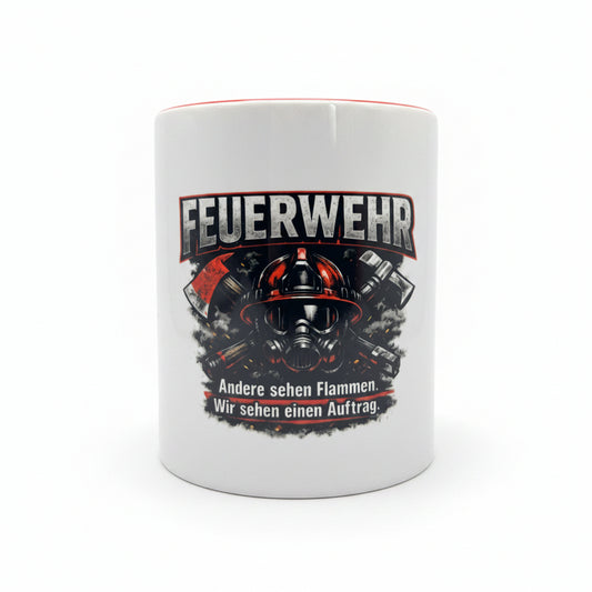 Feuerwehr Tasse mit Feuerwehrhelm Atemschutzmaske und Feuerwehr Spruch