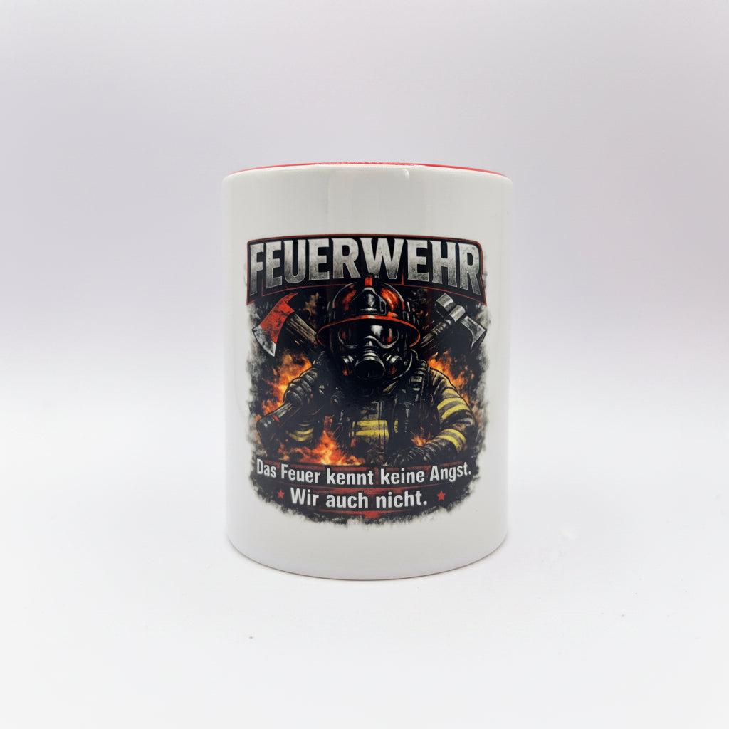 Feuerwehr Tasse mit Feuerwehrmann Atemschutzmaske und Spruch Das Feuer kennt keine Angst wir auch nicht
