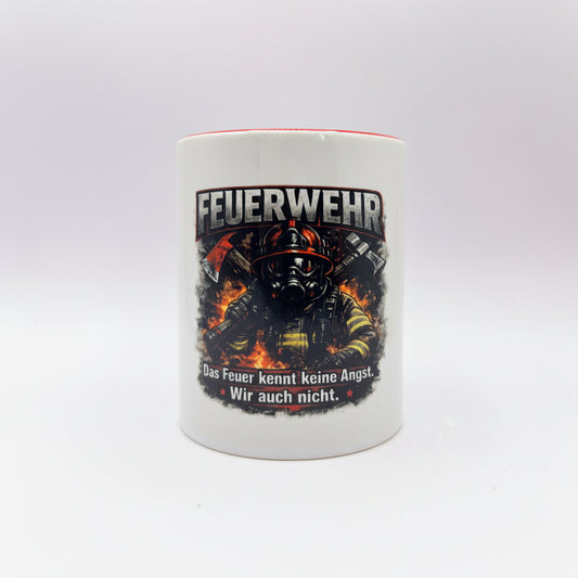 Feuerwehr Tasse mit Feuerwehrmann Atemschutzmaske und Spruch Das Feuer kennt keine Angst wir auch nicht