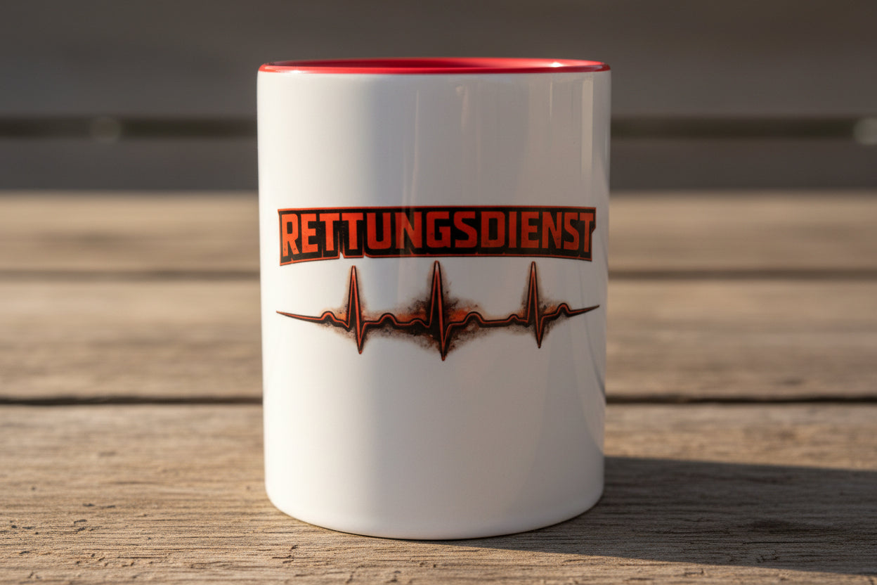 Keramiktasse für Notfallsanitäter mit EKG Motiv und rotem Rand