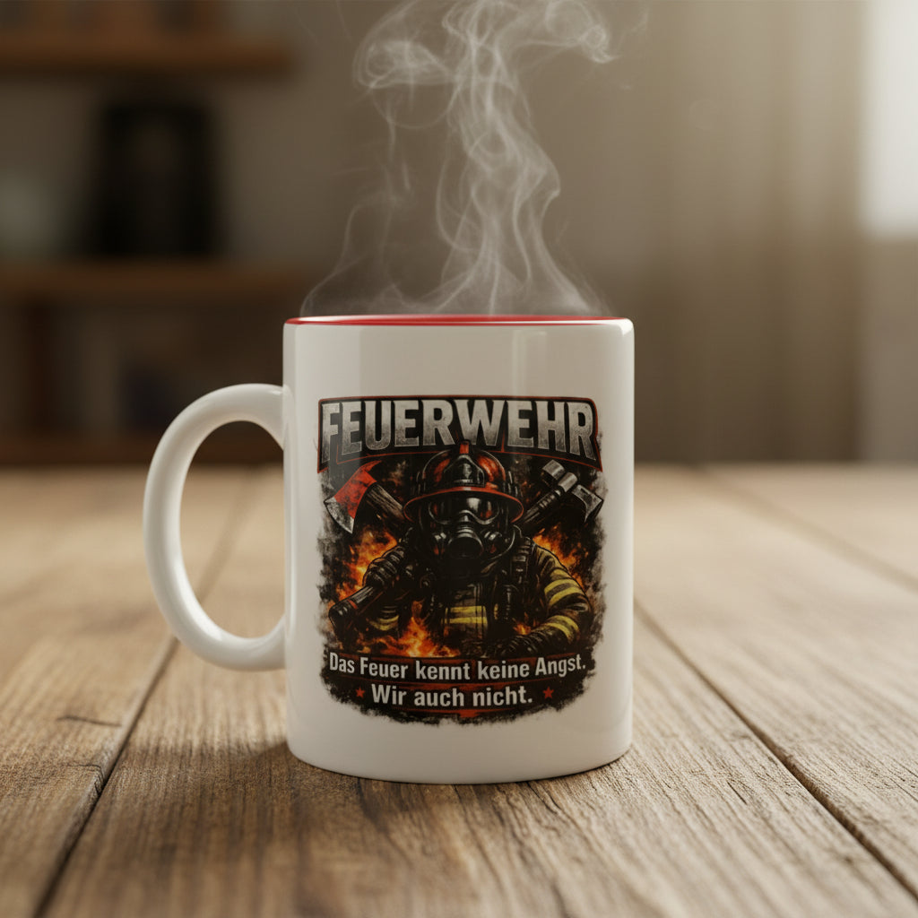 Keramiktasse für Feuerwehrleute mit Einsatzmotiv und Feuerwehrspruch