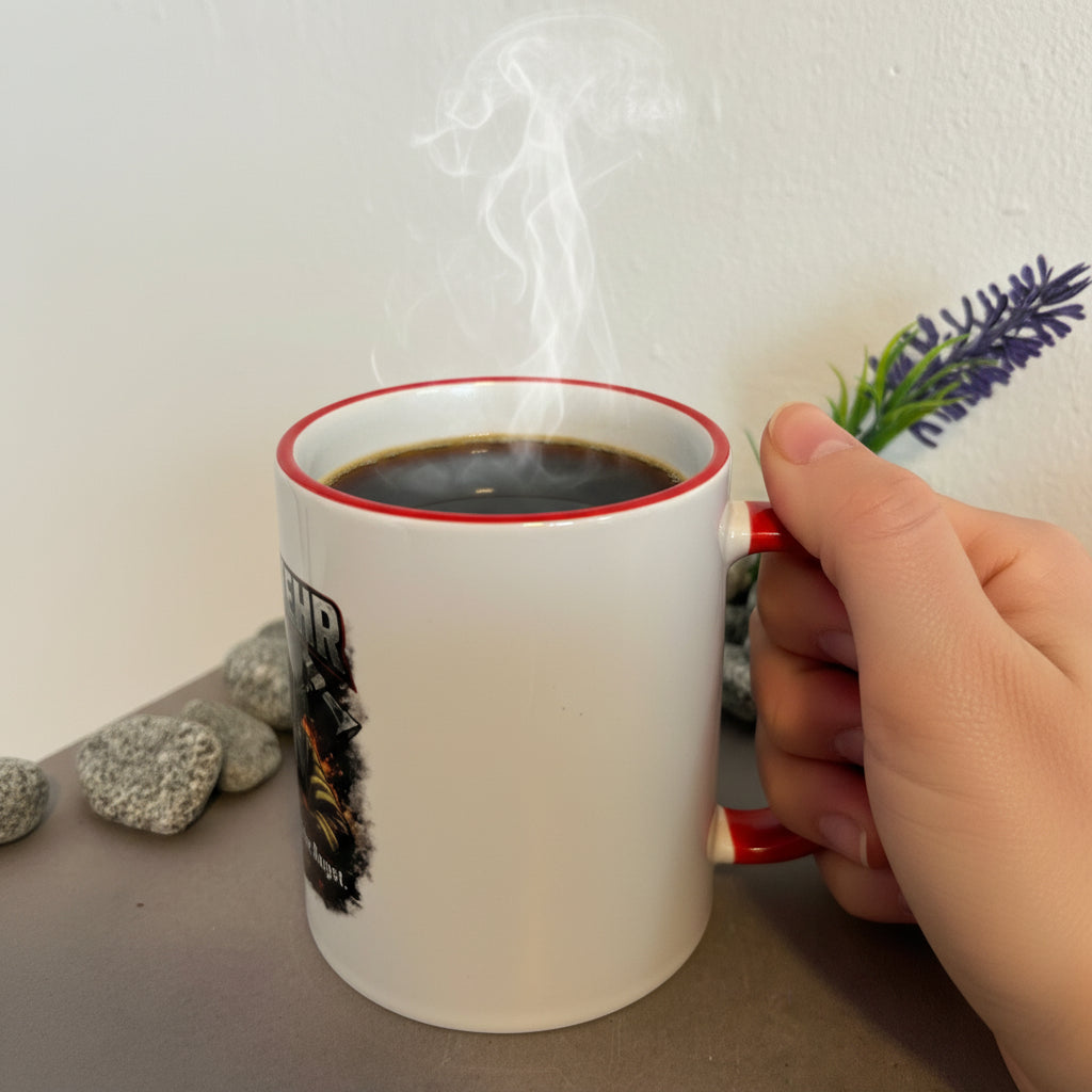 Feuerwehr Geschenk Tasse mit rotem Henkel und Feuerwehrmann Motiv