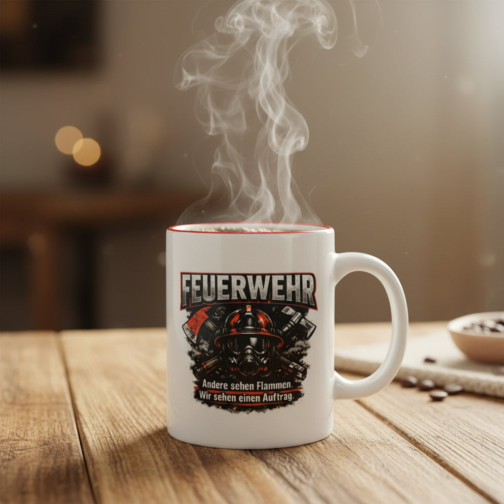 Keramiktasse für Feuerwehrleute mit Feuerwehrhelm und Äxten