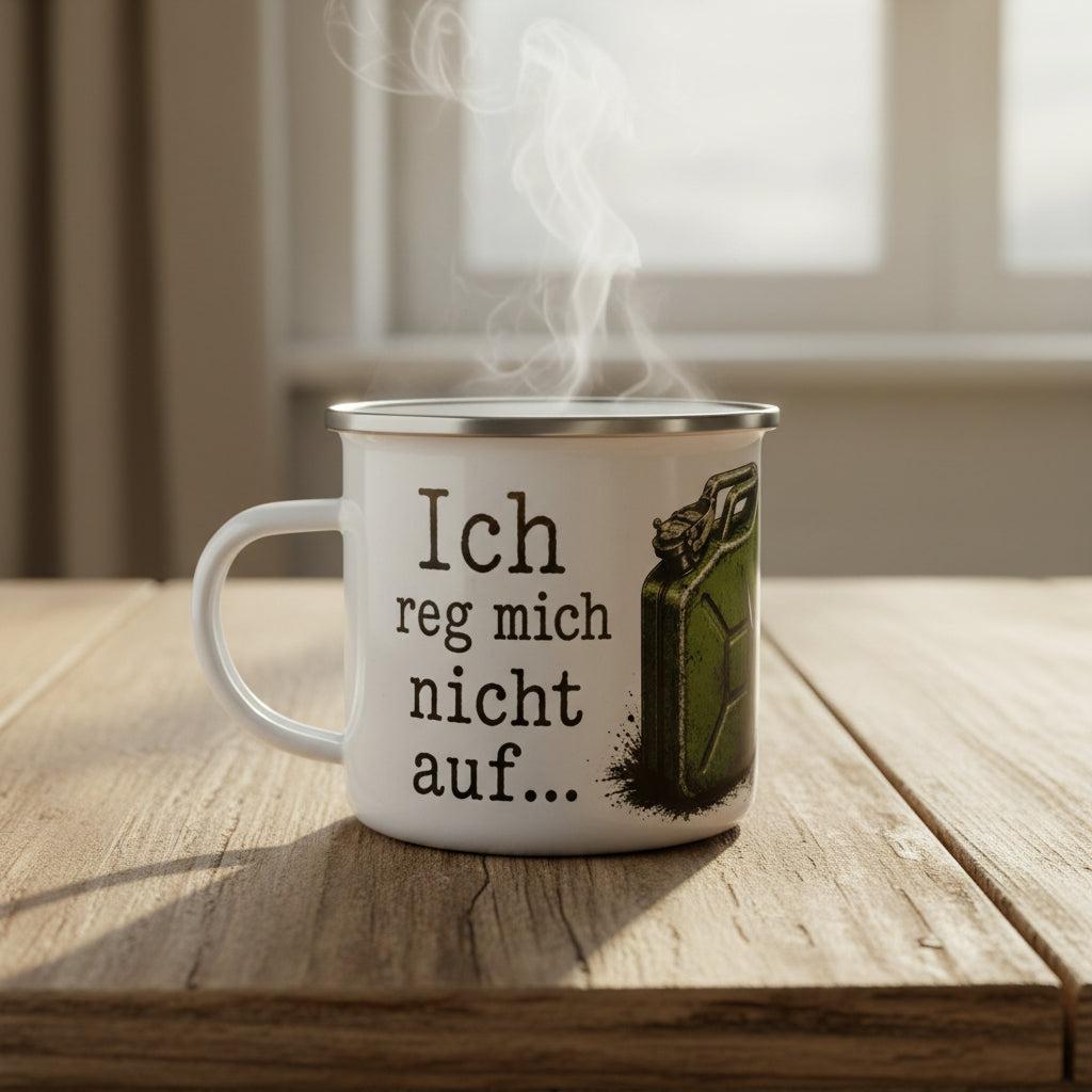 Emaille-Tasse "Ich reg mich nicht auf..." mit lustigem Spruch und Kanistermotiv, weißer Campingbecher mit Edelstahlrand