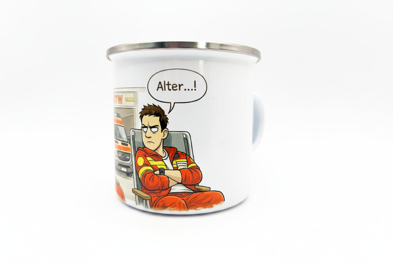 Detailaufnahme der Emaille-Tasse mit genervtem Notfallsanitäter und Sprechblase "Alter...!"
