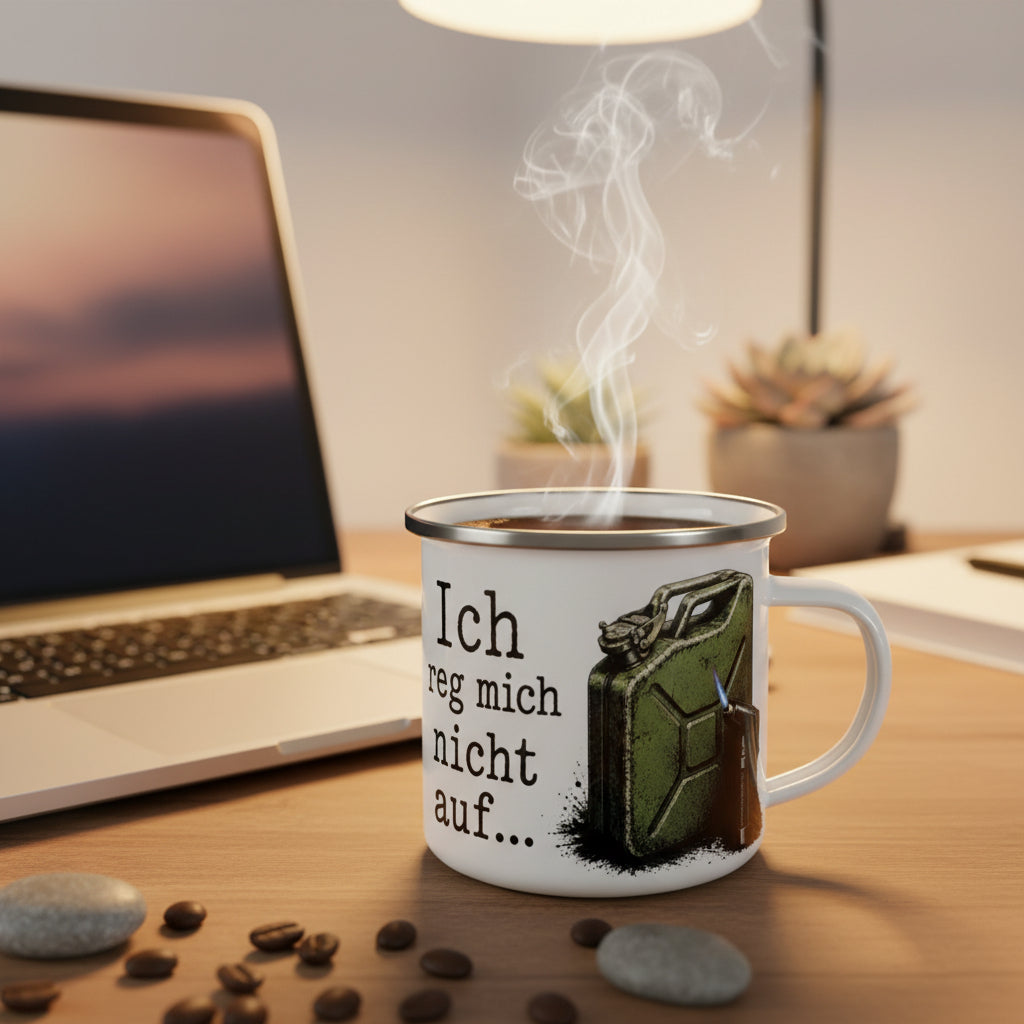 Weiße Emaille-Tasse "Ich reg mich nicht auf..." dekorativ präsentiert als Campingbecher mit Edelstahlrand