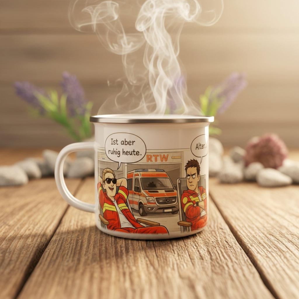 Emaille-Tasse für Rettungsdienst mit lustigem Comic-Motiv dekorativ präsentiert als Geschenk für Notfallsanitäter
