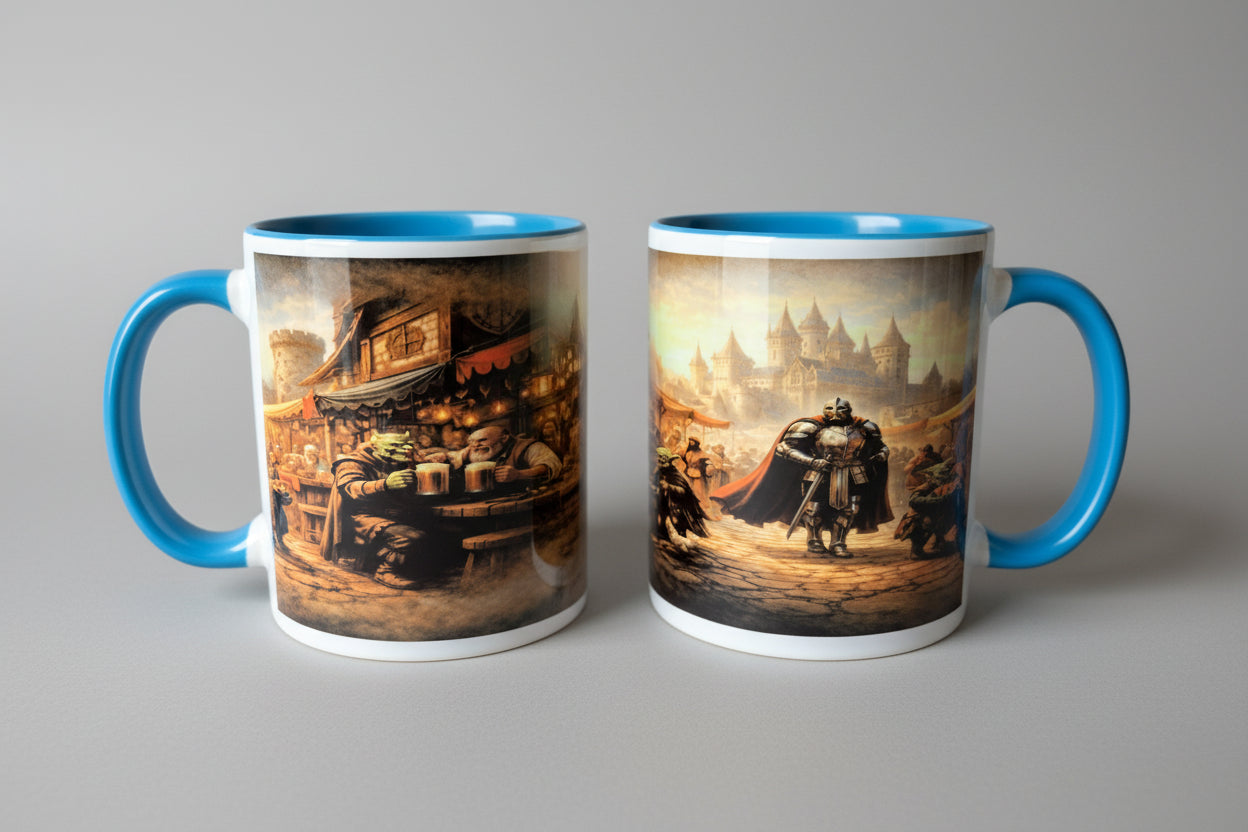 Fantasy Tasse mit Ritter & Tavernen Motiv – Mittelalter Keramiktasse 330 ml